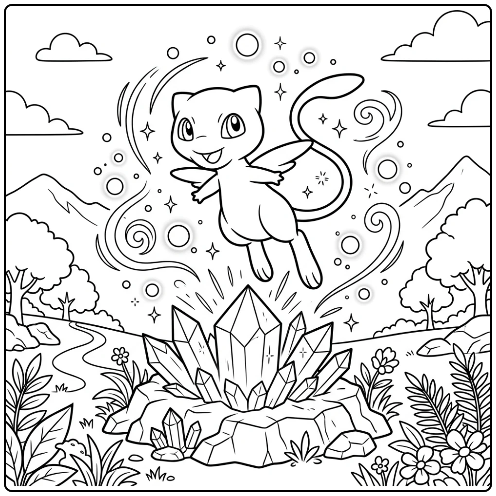 Enchanting Mew Sparkling Stars coloring page