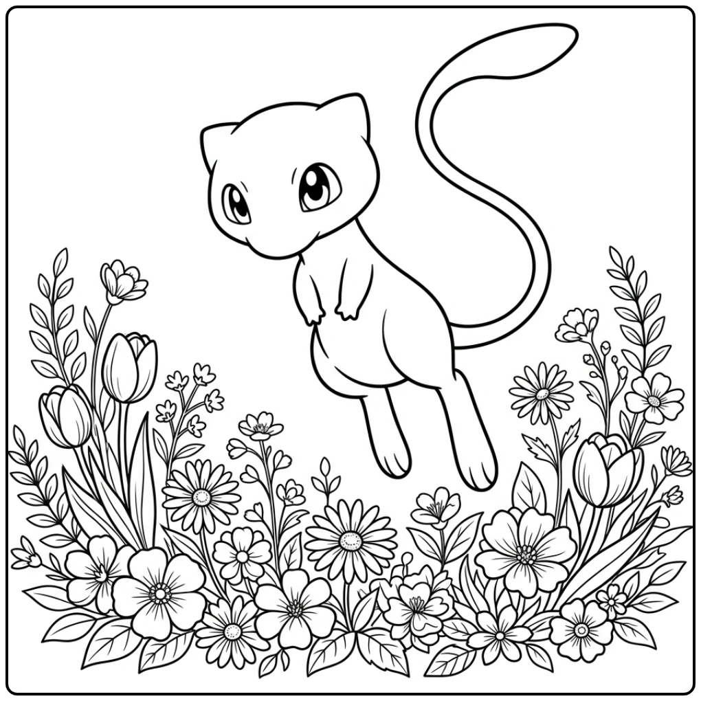 Enchanting Mew with Beautiful Flowers coloring page