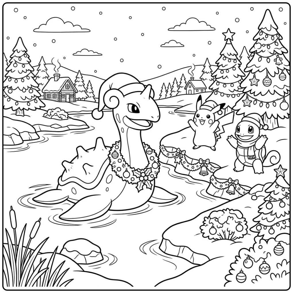 Enchanting Pokemon Christmas Lapras with the Icy Shore coloring page