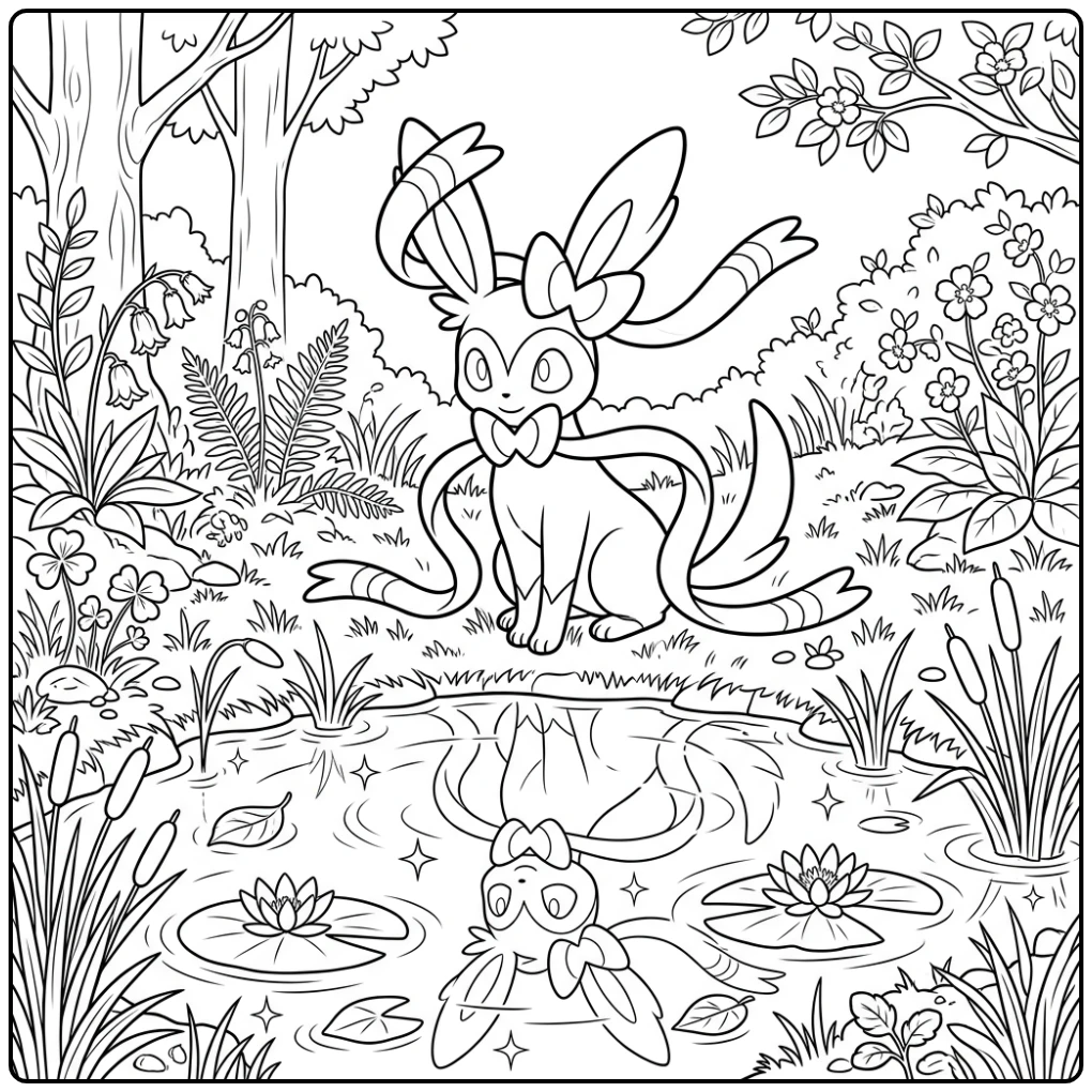 Enchanting Sylveon Mirror Image at the Pond Edge coloring page