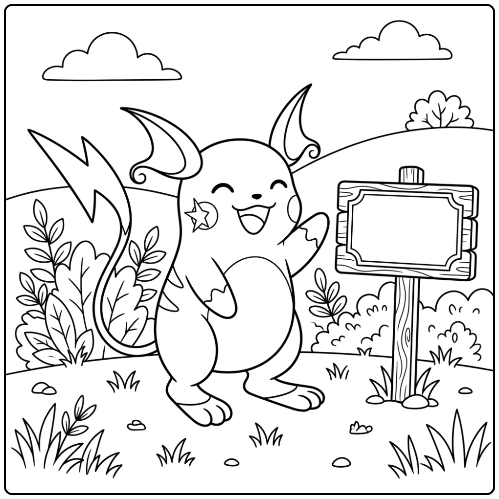Cheerful Raichu with a Leaf in a Quiet Outdoor Setting coloring page