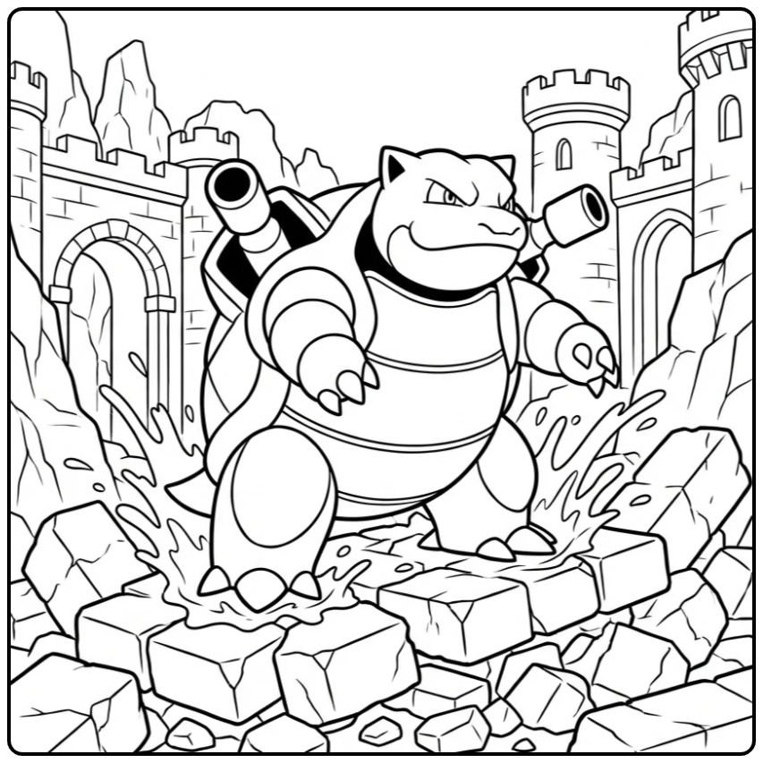 Blastoise Epic Battle with Stone and Water coloring page