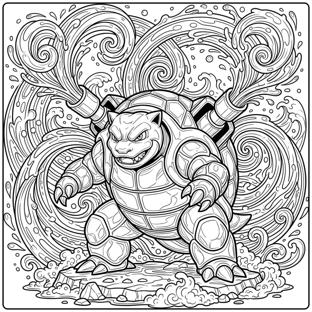 Detailed Pokemon Blastoise with Spiral Water coloring page