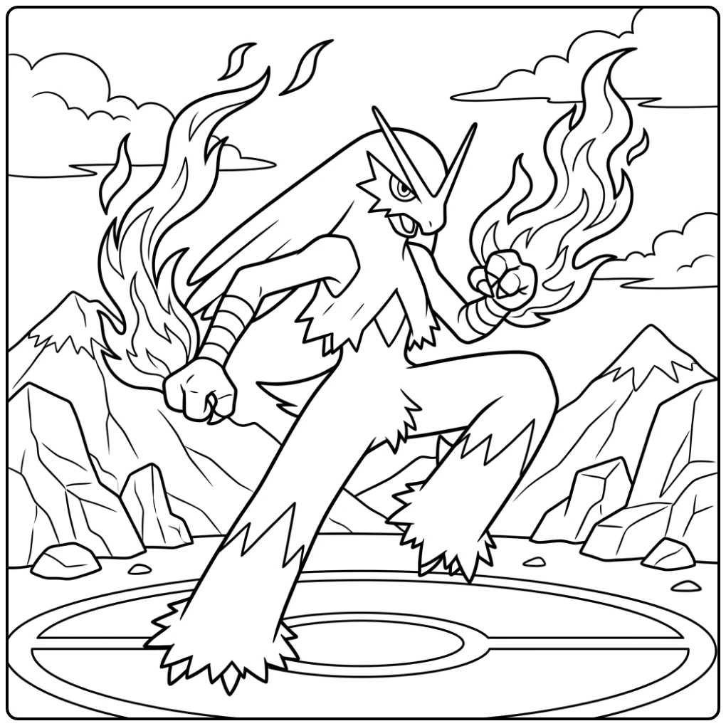 Blaziken Pokemon Flaming Stoot in Strijdhouding coloring page