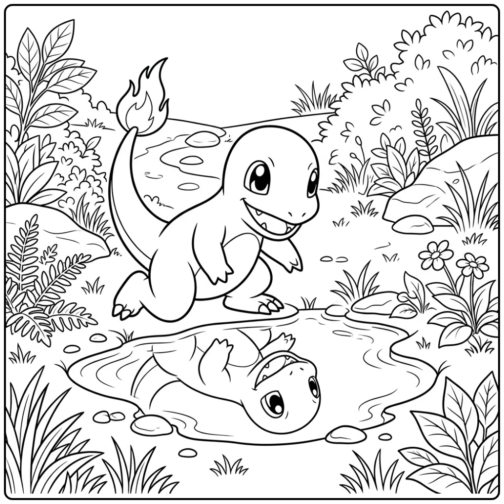 Happy Charmander Watching in a Puddle coloring page