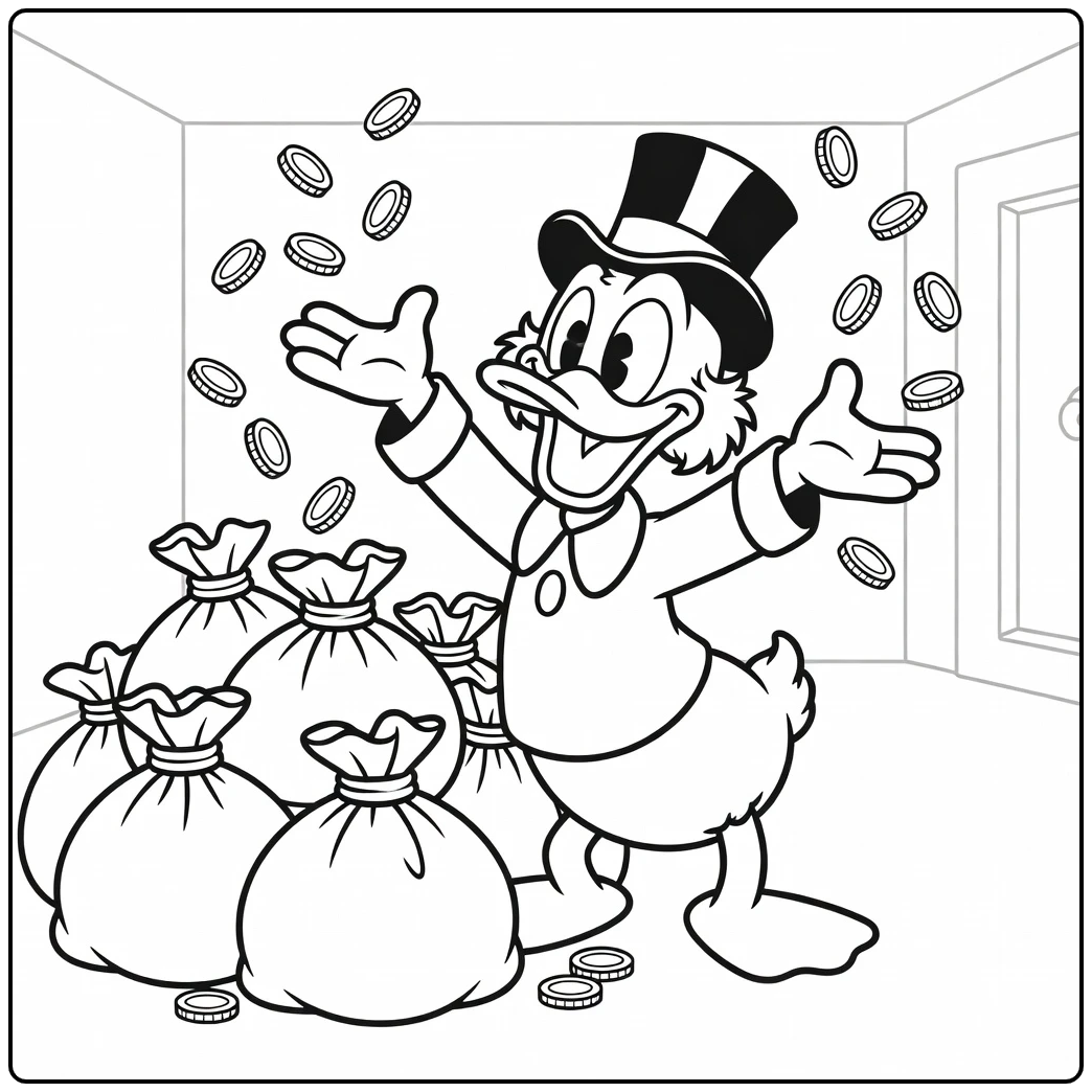 Happy Scrooge McDuck with Money Bags coloring page
