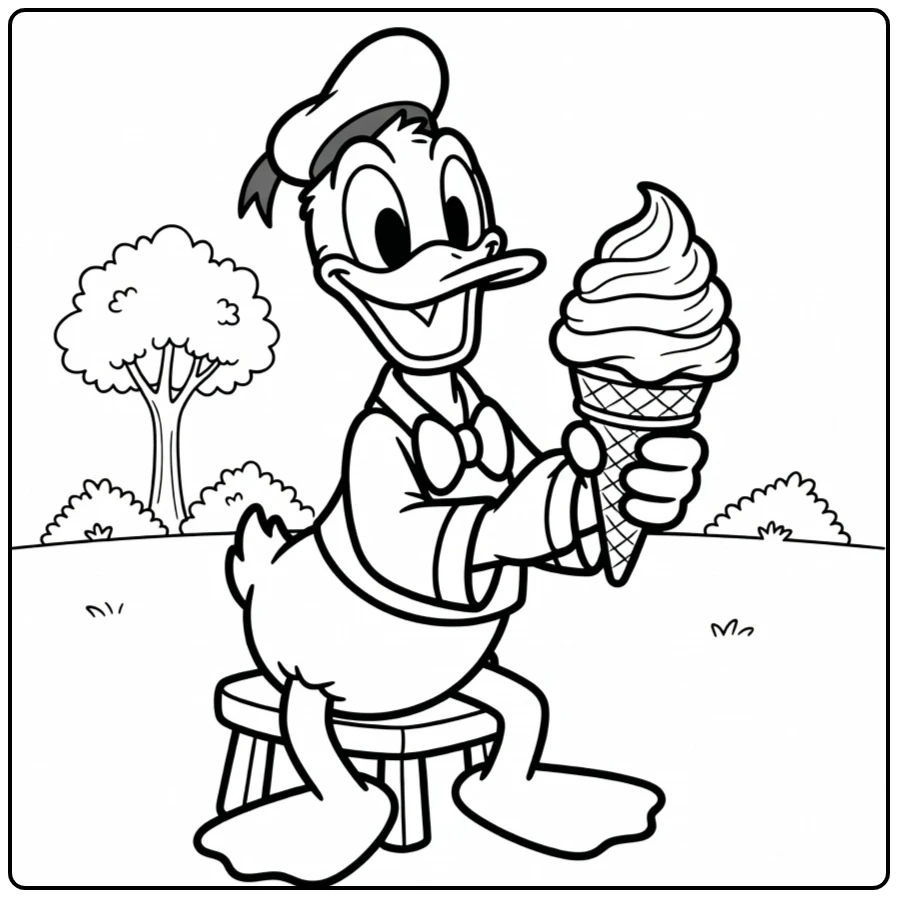 Happy Easy Donald Duck with a Large Ice Cream Cone coloring page