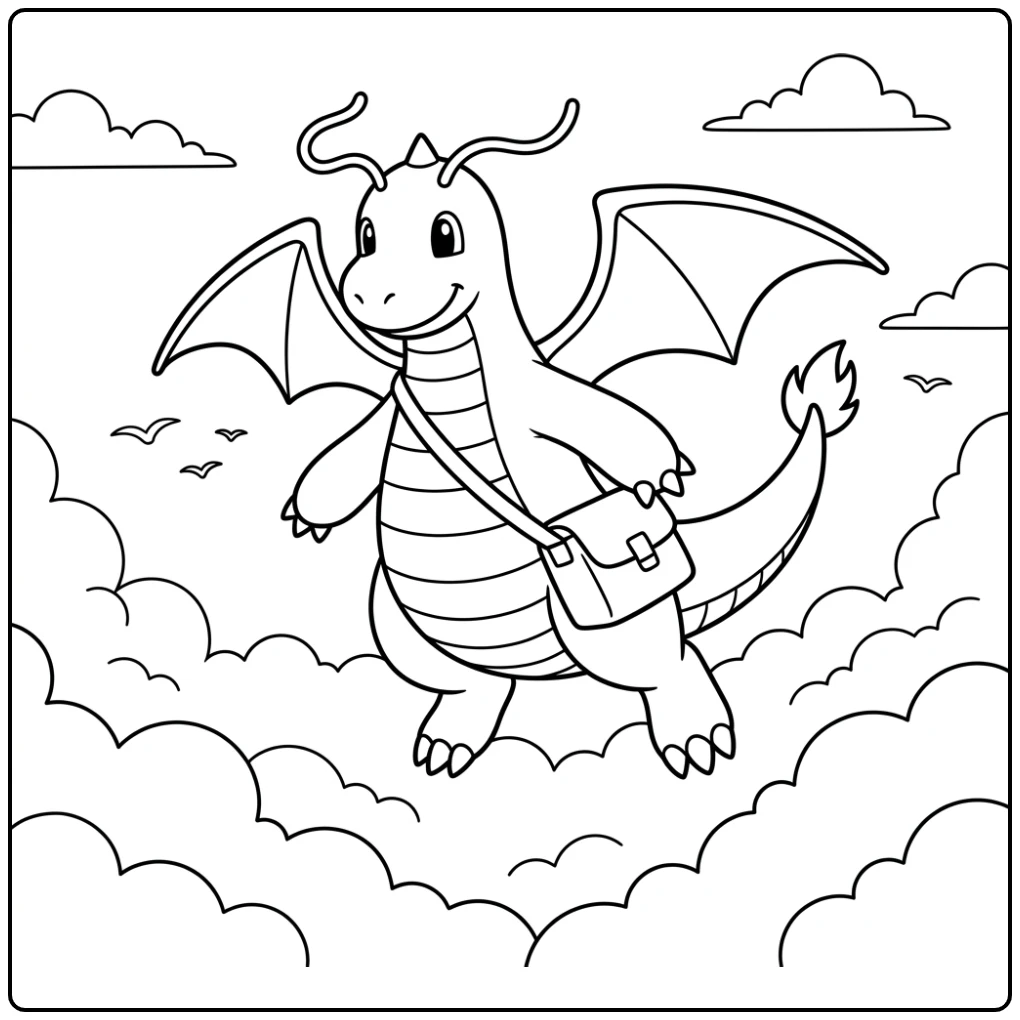 Happy Dragonite with a Package in the Sky coloring page