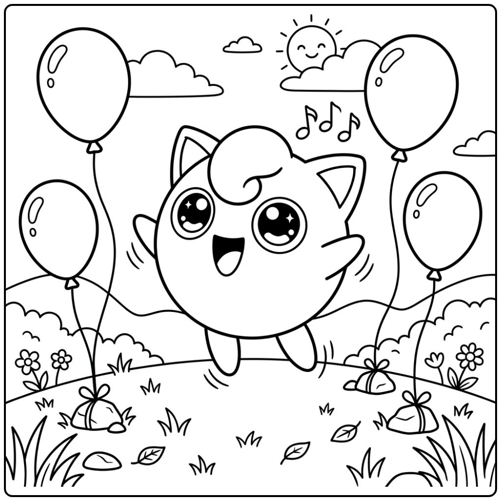 Happy Jigglypuff Singing Among Festive Balloons coloring page