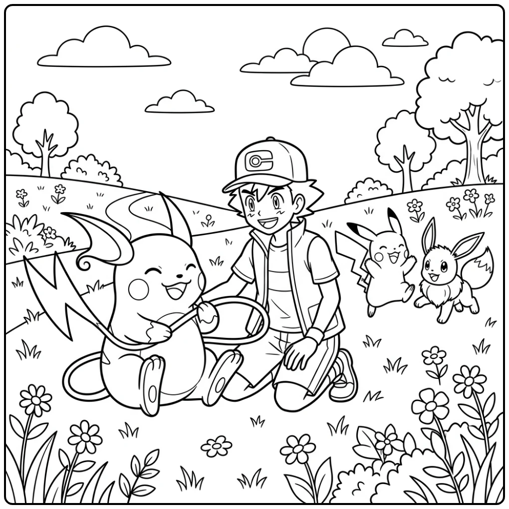 Happy Raichu Friends in a Sunny Meadow coloring page