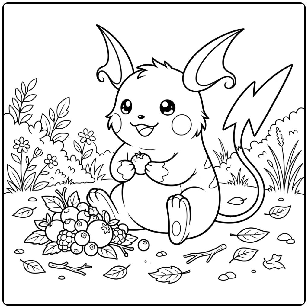 Happy Raichu Enjoying Berries in the Nature coloring page