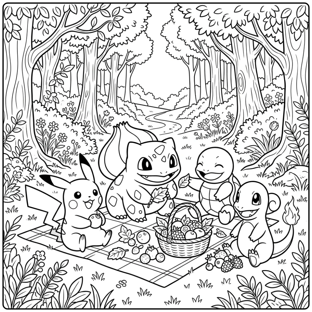 Forest Picnic Bulbasaur Squirtle and Charmander coloring page