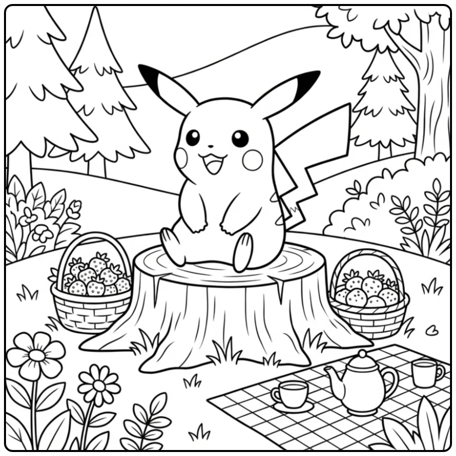 Forest Picnic with Pikachu Full of Berries and Flowers coloring page