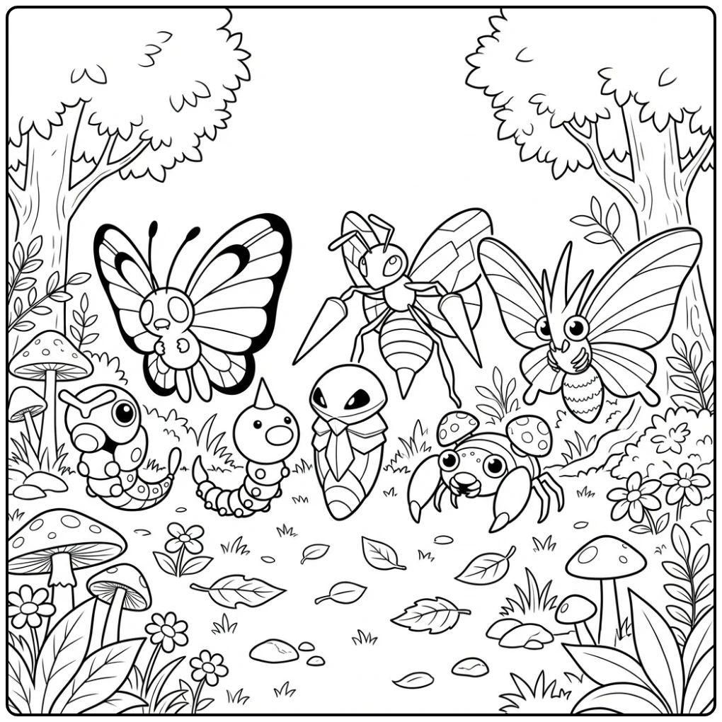 First Generation Forest Pokemon with Insects coloring page