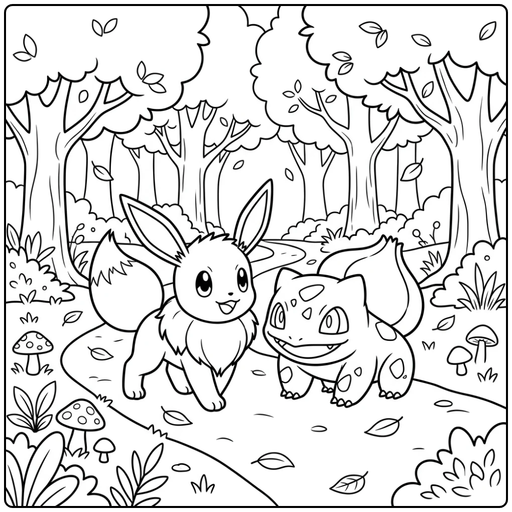 Ultimate Eevee Forest Adventure with Bulbasaur coloring page