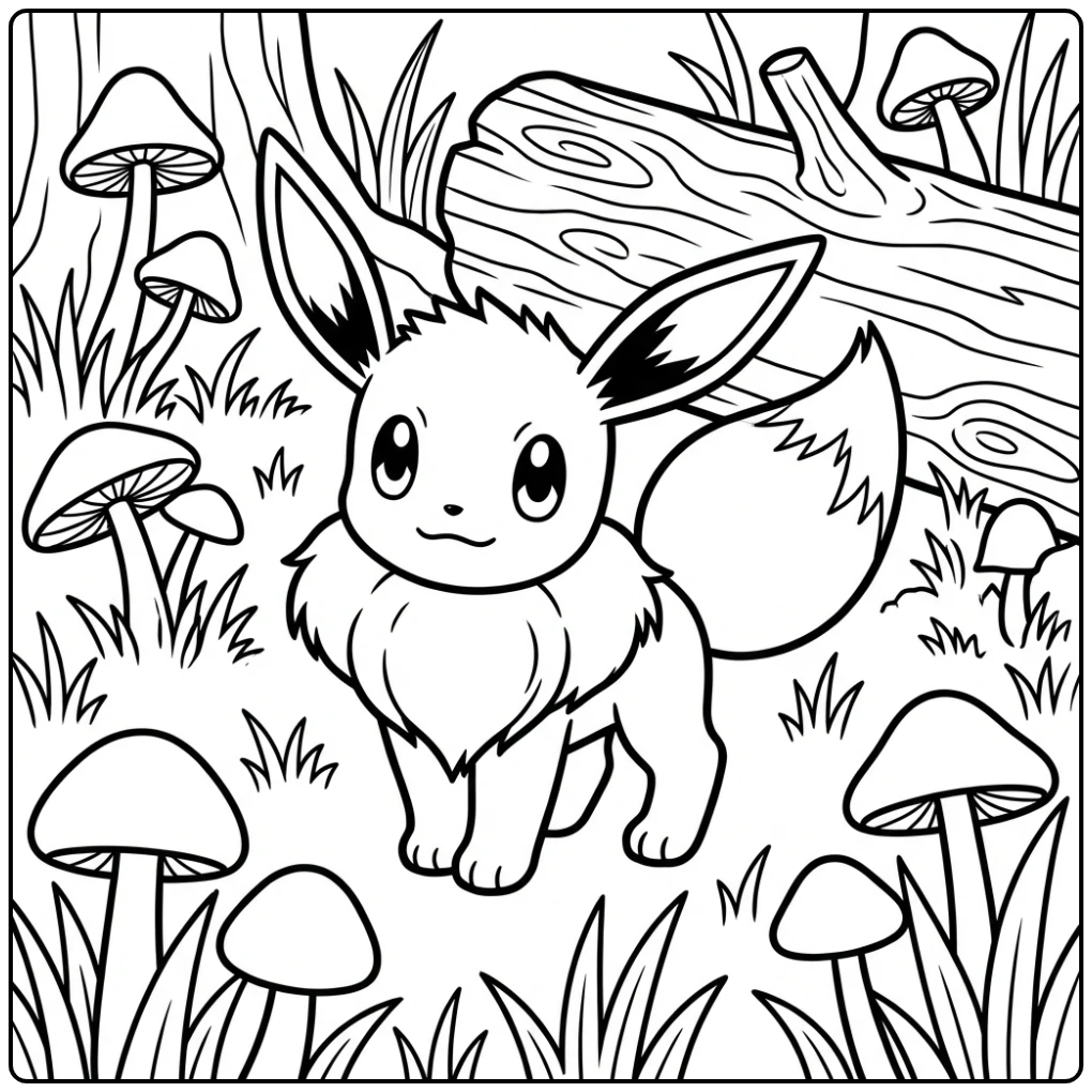 Pokemon Eevee Forest Adventure by a Fallen Tree coloring page