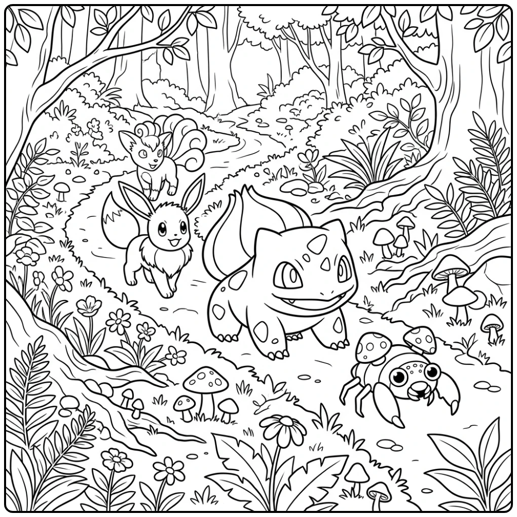 Forest Walk Bulbasaur Eevee and Vulpix coloring page