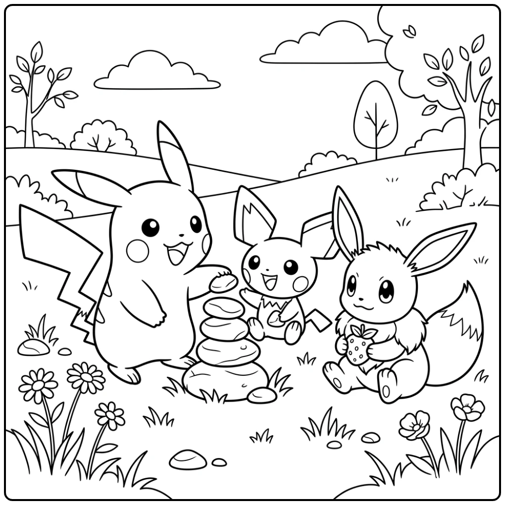 Building Fun Pokemon Cute with Pikachu Pichu and Eevee coloring page