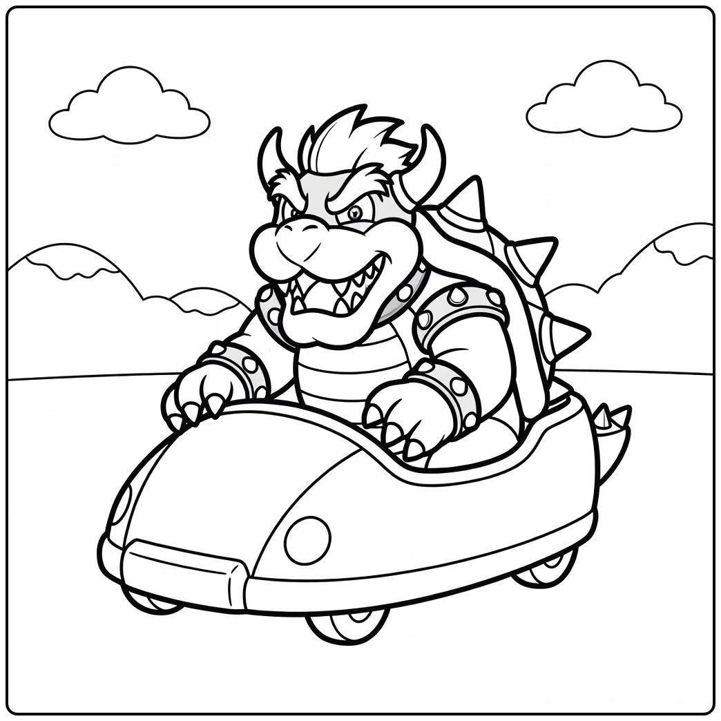 Bowser in a Flying Clown Car with Clouds coloring page
