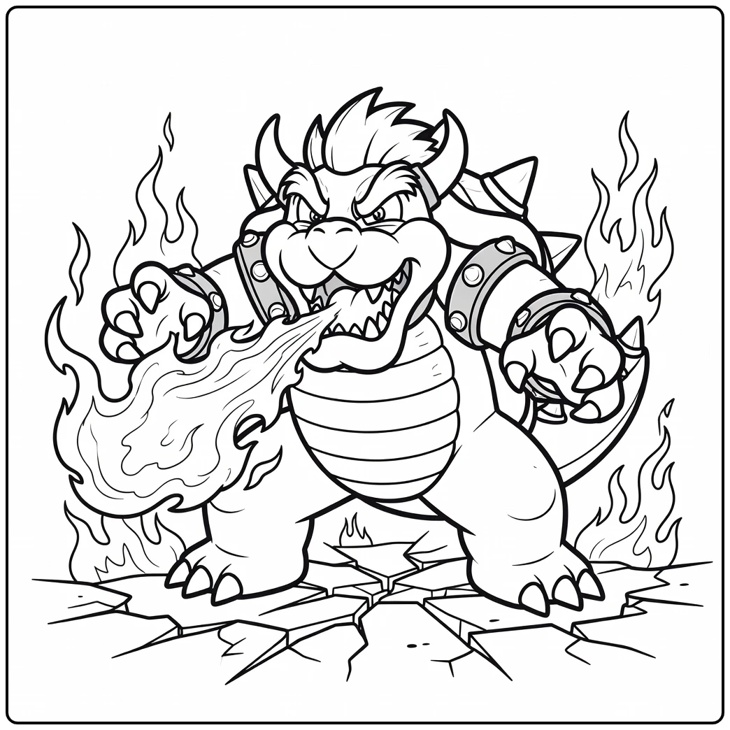 Fire-breathing King Bowser on Cracked Ground coloring page