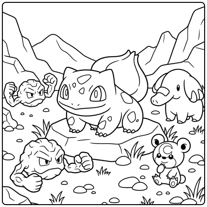 Bulbasaur Resting with Pokemon by a Rock coloring page