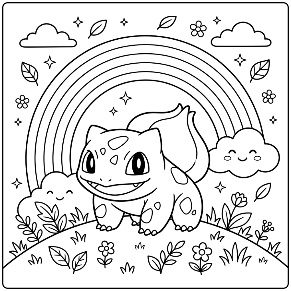 Bulbasaur Proudly on Hill with Pokemon Rainbow coloring page