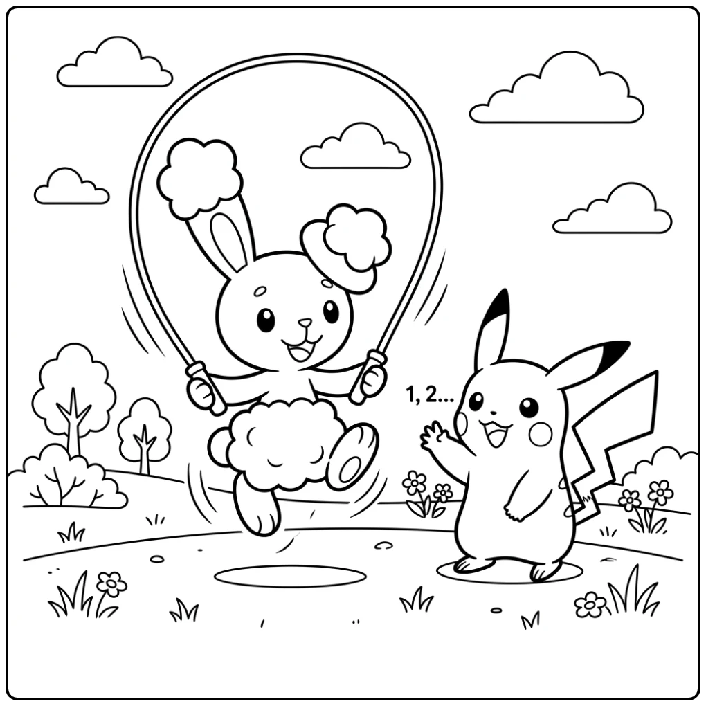 Buneary Jumping Rope with Pikachu Pokemon Cute coloring page