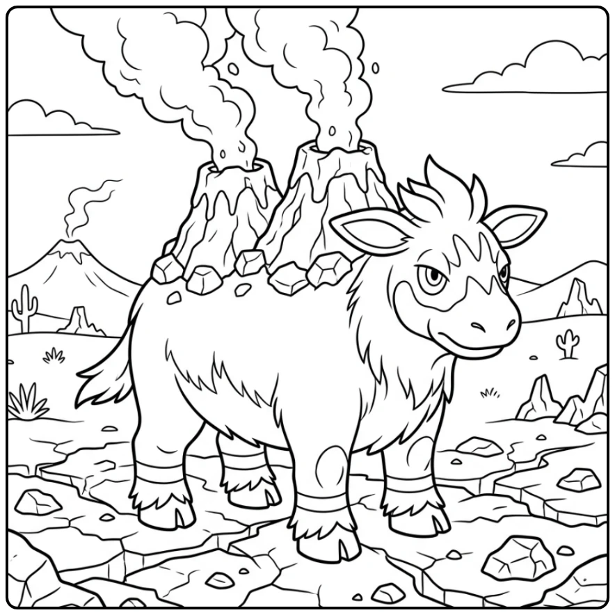 Camerupt Pokemon Majestueus in Vulkaanlandschap coloring page