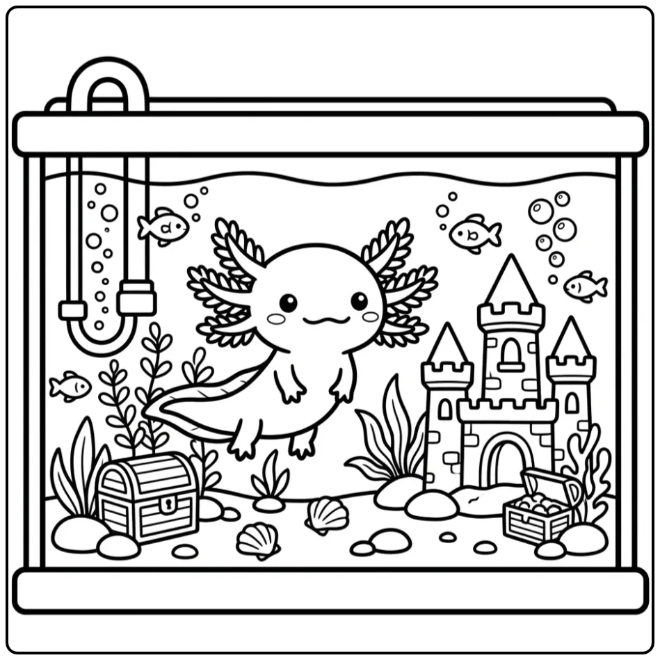 Cartoon Axolotl in Aquarium with Castle coloring page