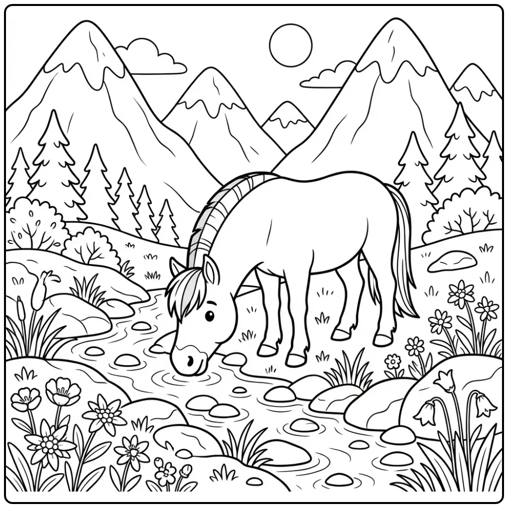 Cartoon Fjord Horse in the Mountains with Water coloring page