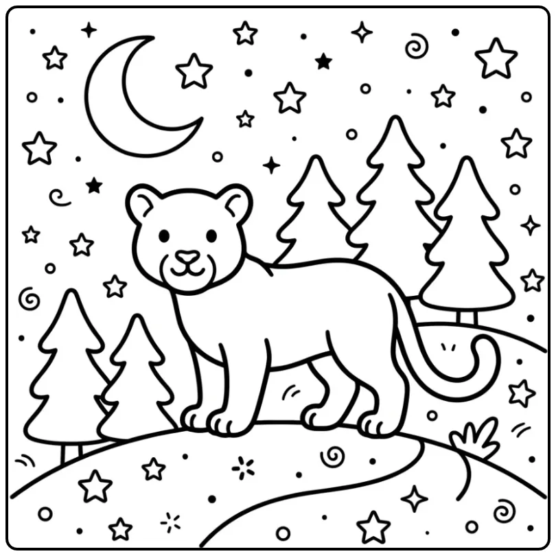 Cartoon Puma in a Nighttime Landscape coloring page