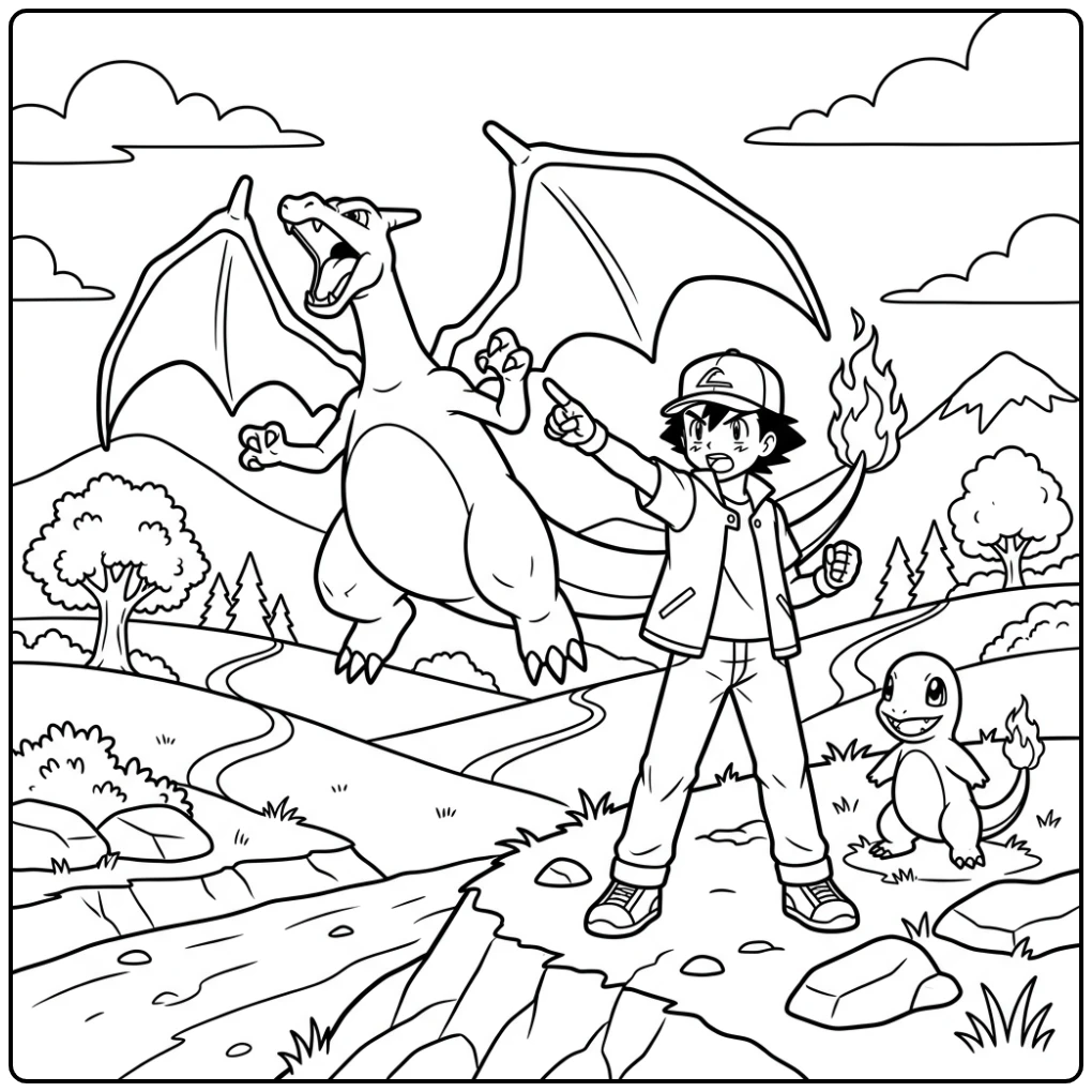 Ash Training Pokemon Charizard X in Action coloring page