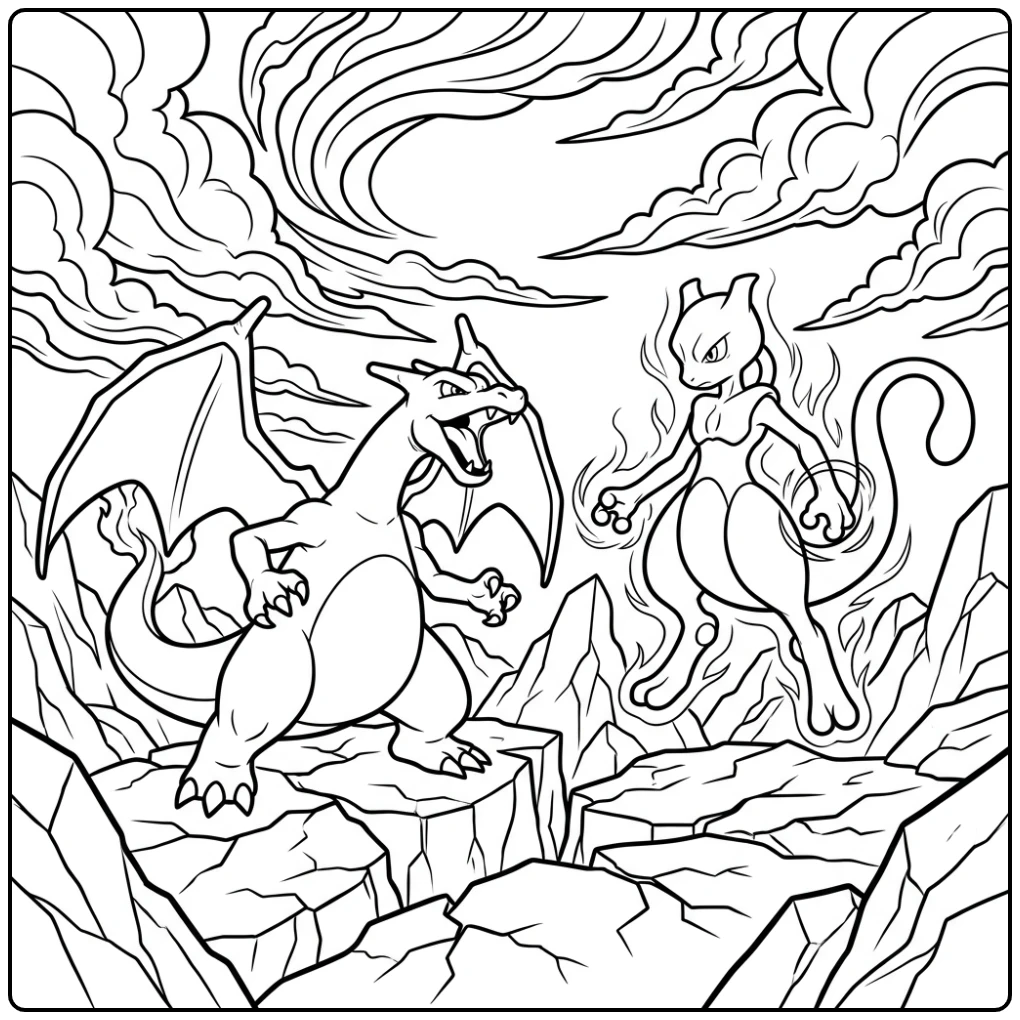 Confrontation Among Charizard and Mewtwo coloring page