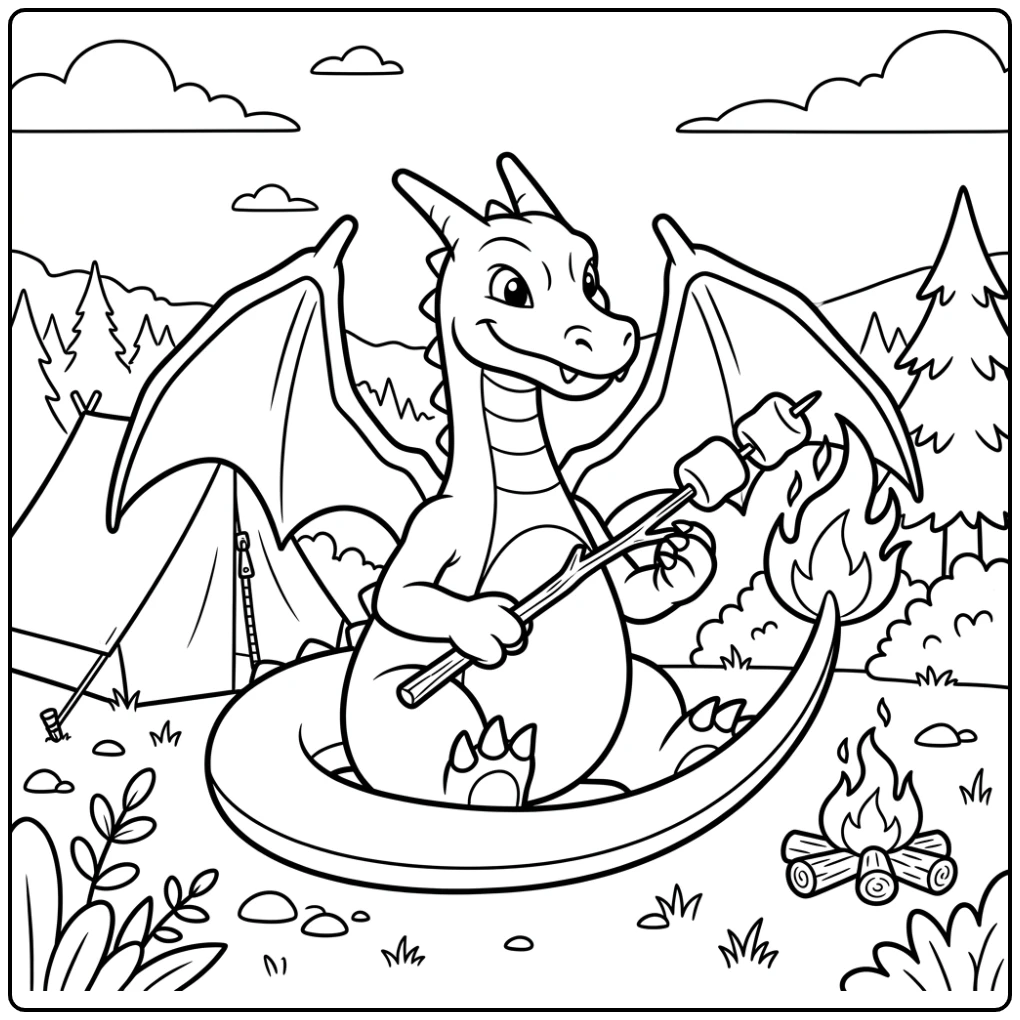 Charizard Camping Fun with Roasted Marshmallows coloring page