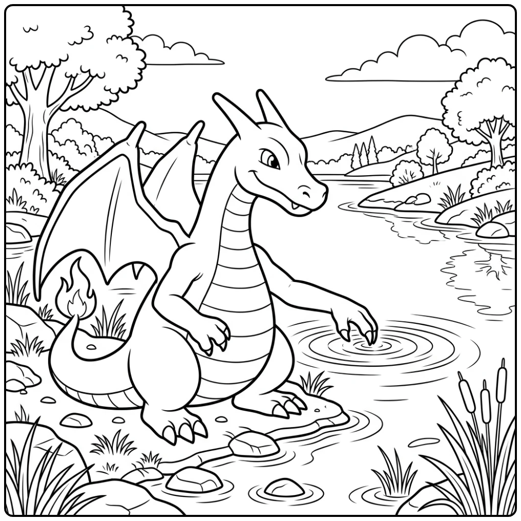 Charizard Relaxing at the Lake with Water Ripples coloring page