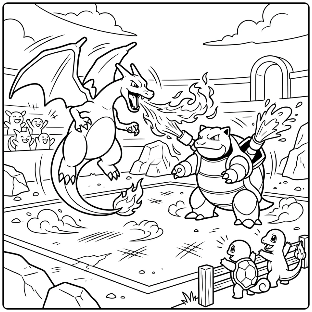 Charizard in a Friendly Pokemon Battle coloring page