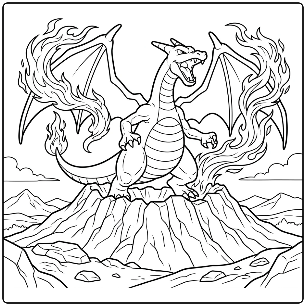 Charizard Fire-breathing Pokemon with Volcano coloring page