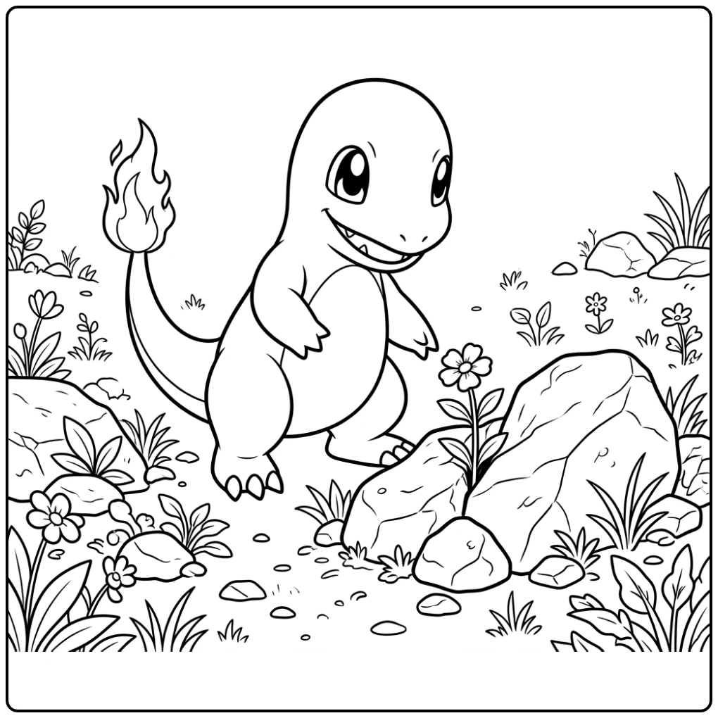 Charmander and the Small Flower coloring page