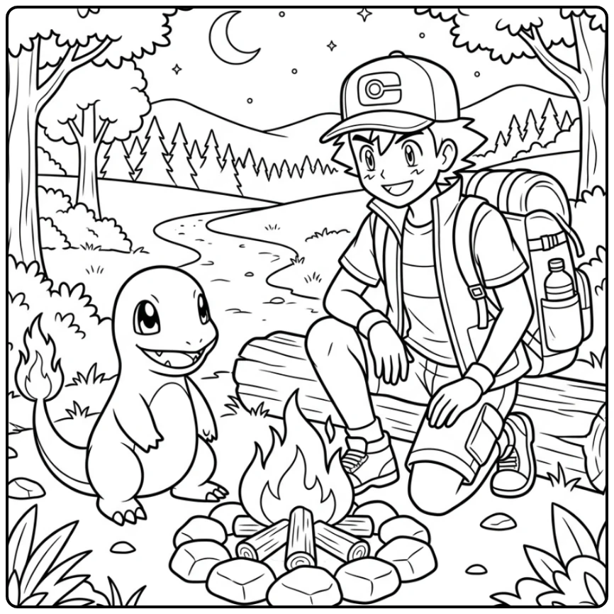 Charmander Ash with a Cozy Campfire coloring page
