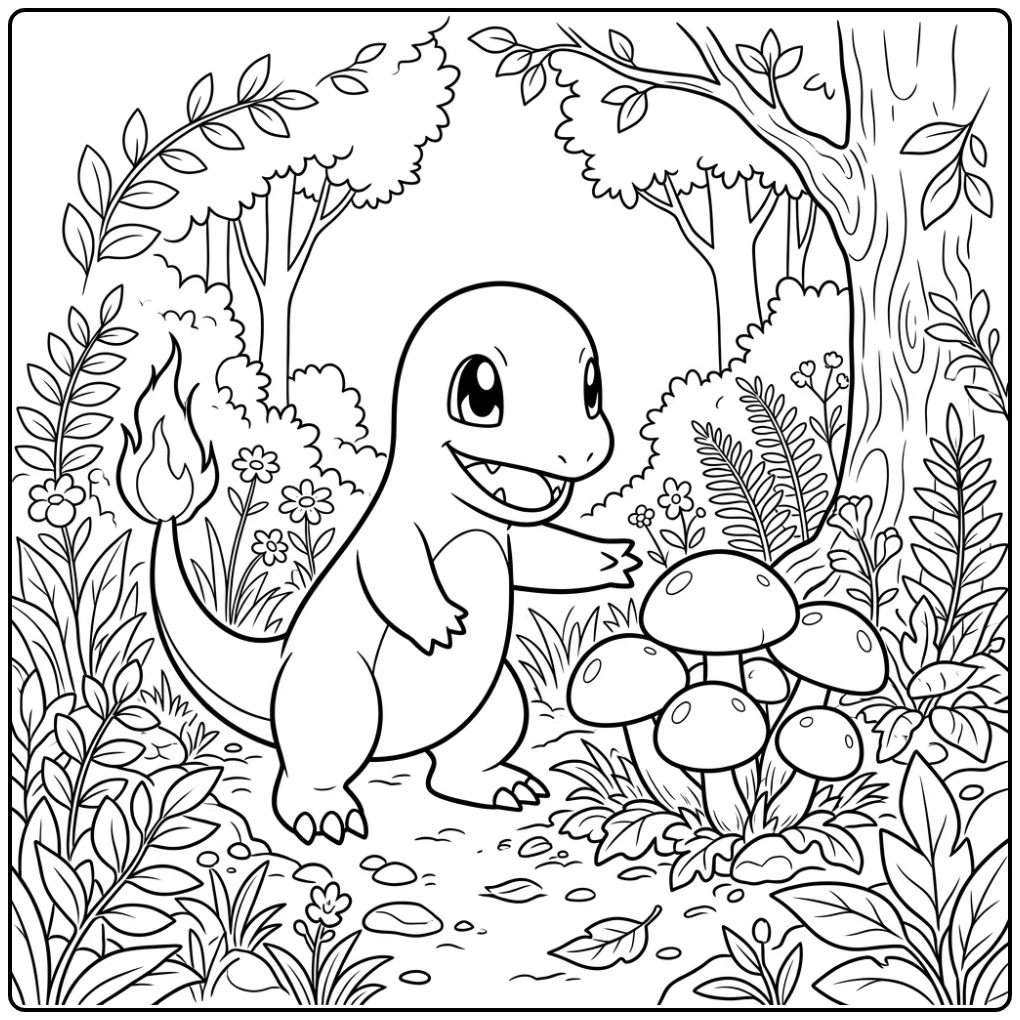 Charmander Discovery of Round Mushrooms coloring page