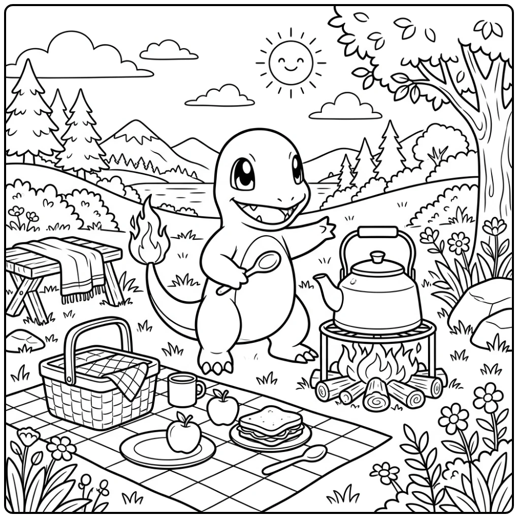 Charmander Picnic and Cauldron Outside coloring page