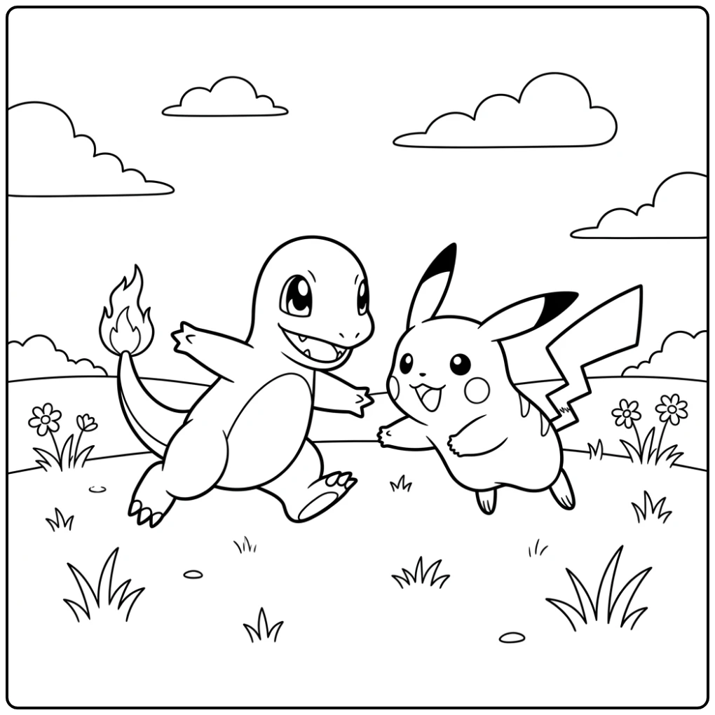 Pikachu and Charmander Having a Race coloring page
