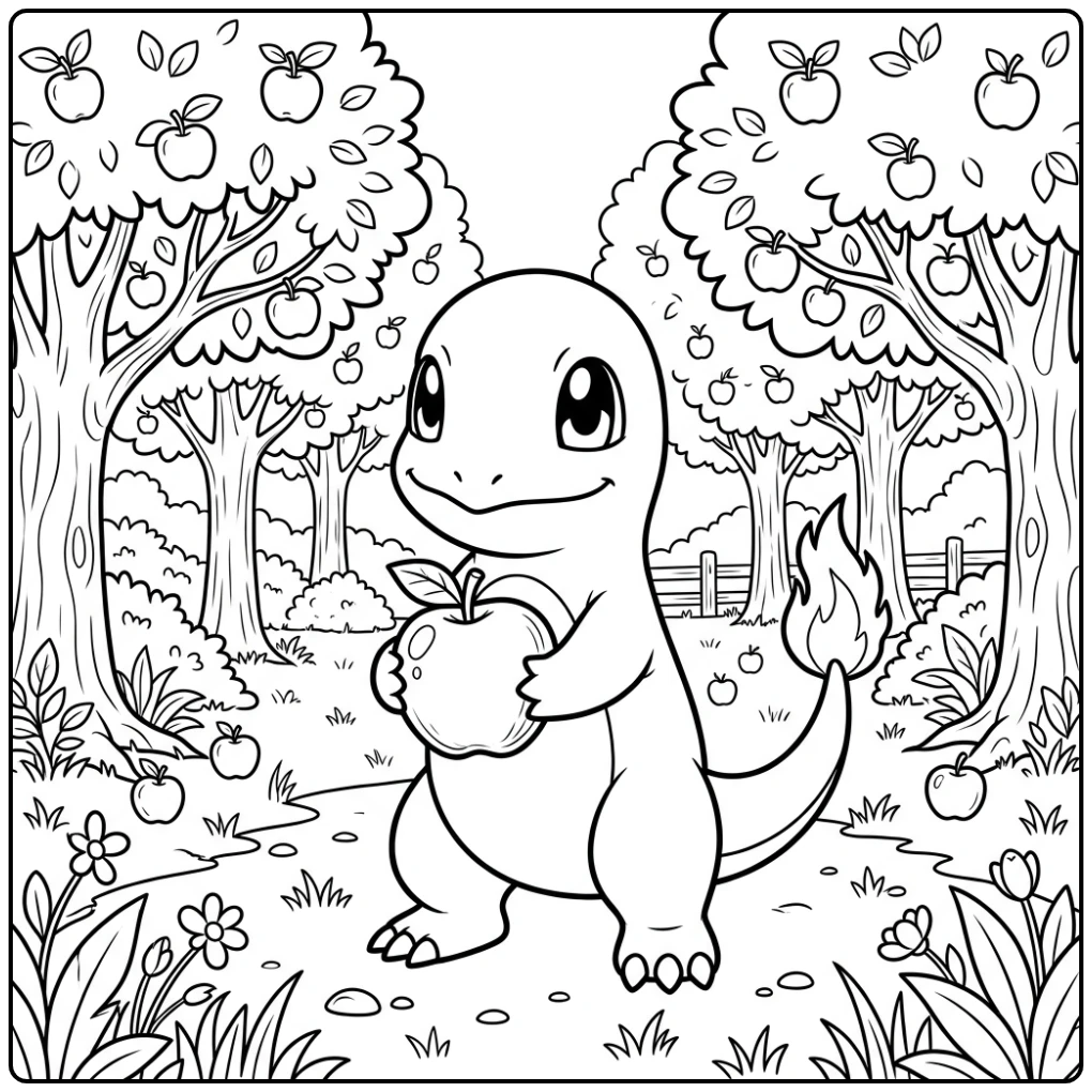 Charmander Pokemon with an Apple in an Orchard coloring page