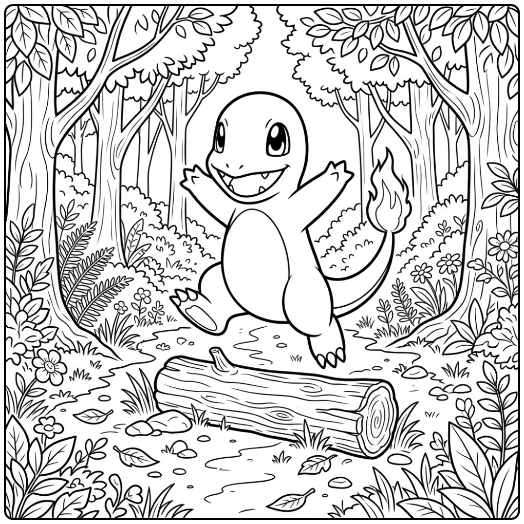 Charmander Pokemon Jumping Over a Tree Trunk coloring page
