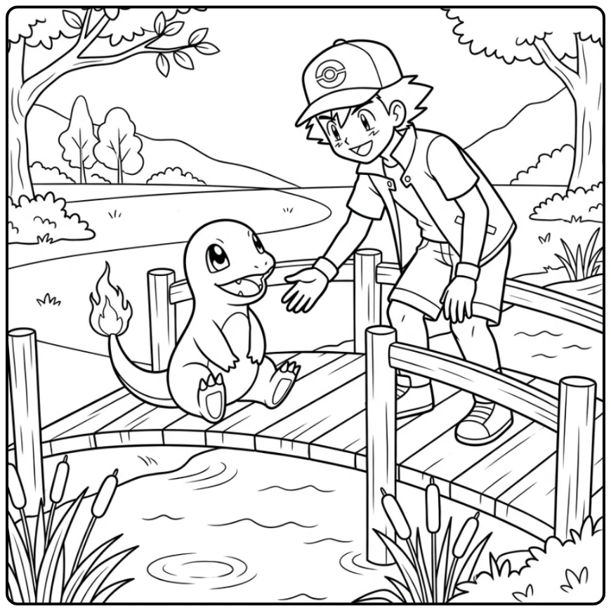 Ash and Charmander with the Water coloring page