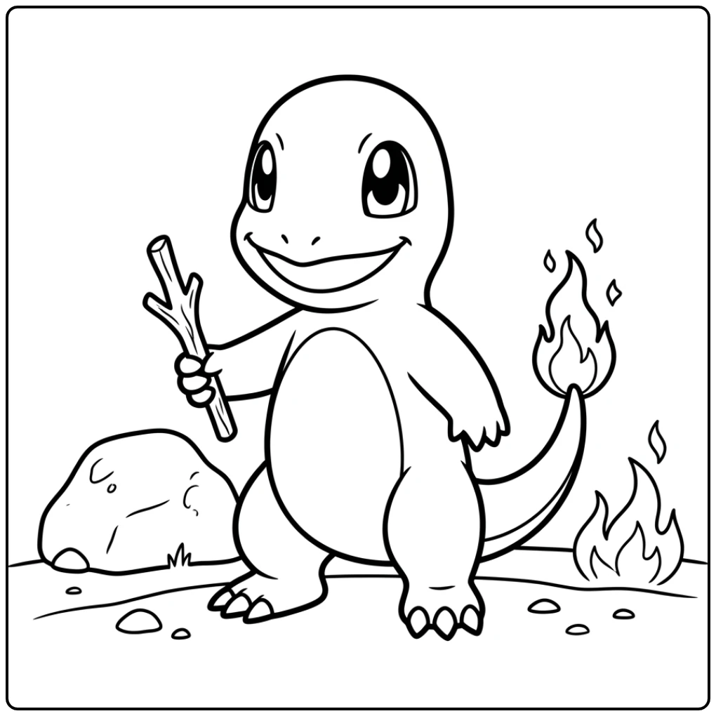 Fun Easy Pokemon with Charmander and a Stick coloring page
