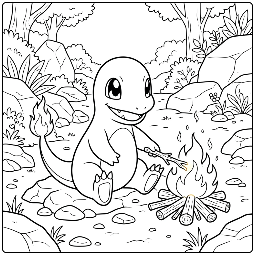 Pokemon Cheerful Charmander with a Warm Kampvuur coloring page