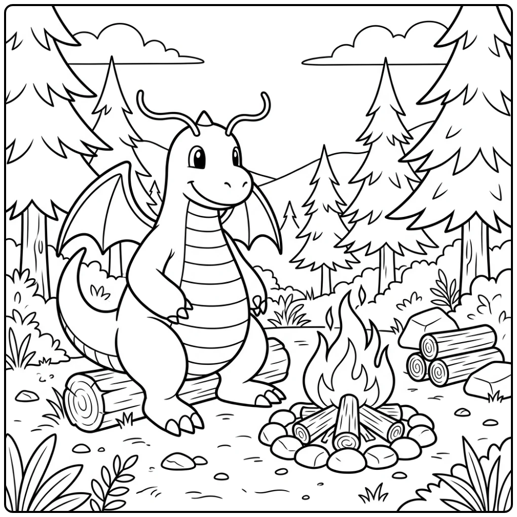 Charming Dragonite Enjoying Campfire coloring page