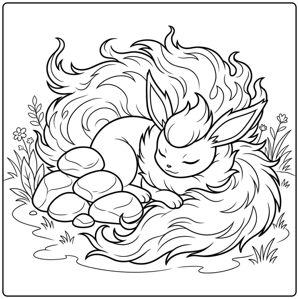 Charming Flareon Pokemon Resting with Gloeiende Stone coloring page