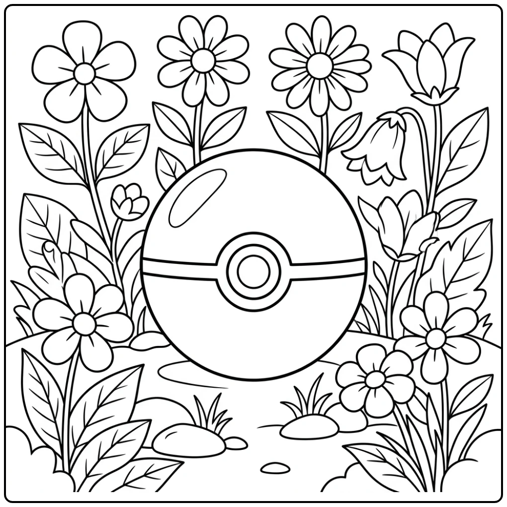 Charming Poke Ball in Flower Bed coloring page